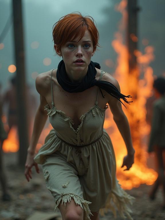 Photorealistic image of a young woman with auburn hair and pale skin running in fear. She wears a torn dress and has ropes hanging from her wrists. Dark blue flames surround her hands. Background shows panic and chaos due to fire.