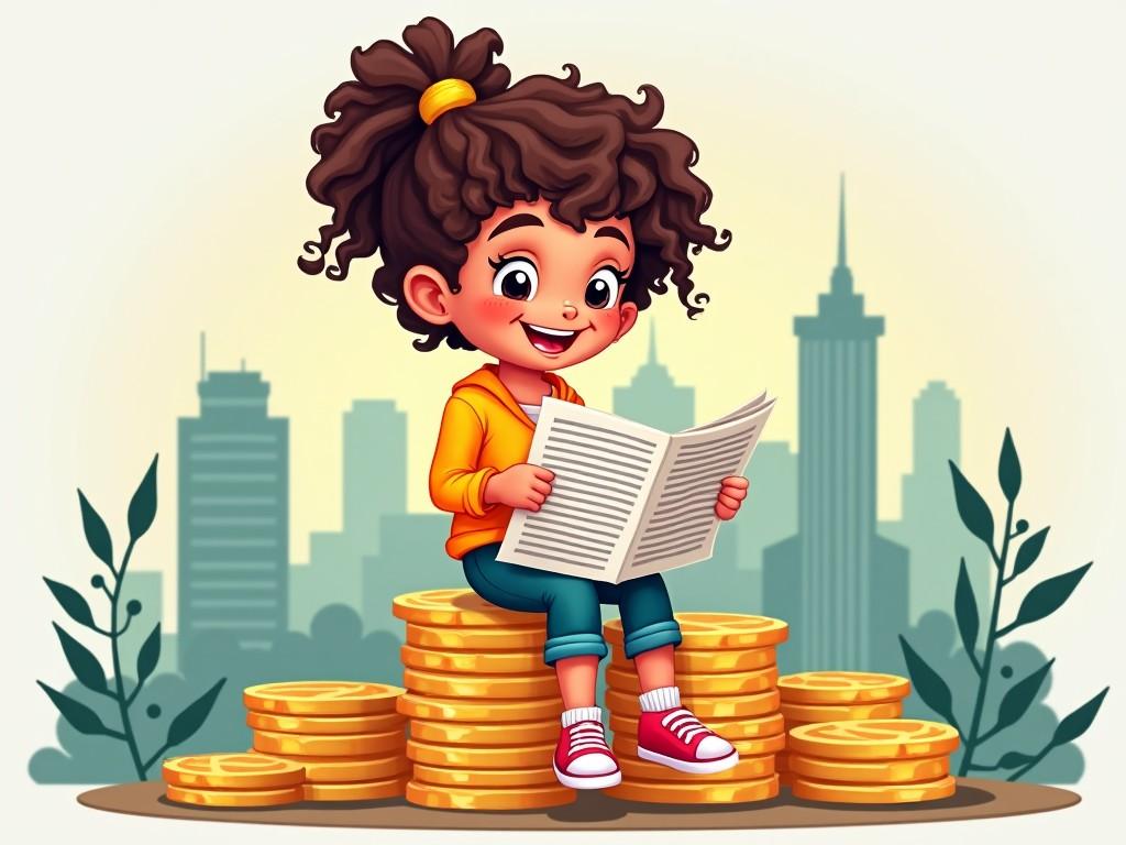 A happy child with curly hair sits on a stack of gold coins, reading a newspaper, with a city skyline in the background and plants around.