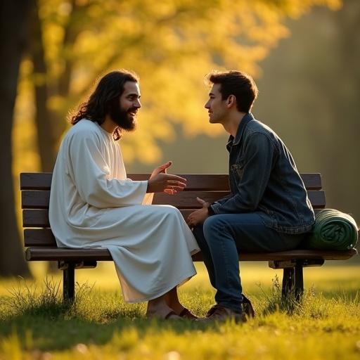 Serene forest park scene during golden hour. Jesus in white robe talking to a young man in denim jacket. They sit on a wooden bench, engaged in conversation. Peaceful mood, soft sunlight filters through trees. Details include grass texture and a hiking backpack beside them.