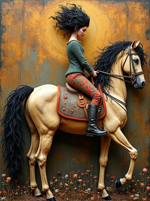 3D mixed media artwork depicting a woman riding a horse. The artwork features intricate details and a whimsical atmosphere. The background is textured with warm colors. The woman has long hair and wears a stylish outfit. The horse has a cocky demeanor and detailed features.