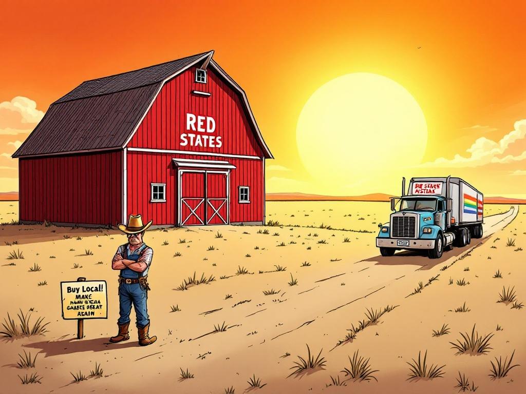 Political cartoon illustration featuring a large red barn labeled Red States in a vast field. A farmer in a MAGA hat stands with arms crossed in front of a deserted roadside farm stand labeled Buy Local. A tumbleweed rolls past. A truck with a rainbow bumper sticker drives away, hauling goods labeled Brazilian soy and Organic oats – from Oregon.