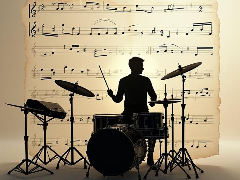 3D mixed media art features a silhouette of a drummer playing the drums with floating sheet music around. The image blends futuristic and ethereal aesthetics resembling visionary concept art.