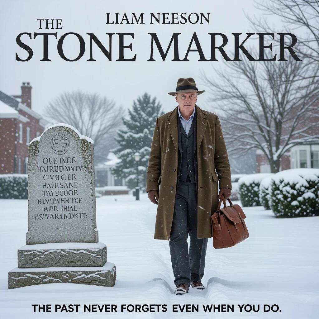 Crime drama movie poster featuring Liam Neeson as a retired detective. He stands near a gravestone in a snowy setting. The title THE STONE MARKER is displayed prominently. A chilling tagline is included.
