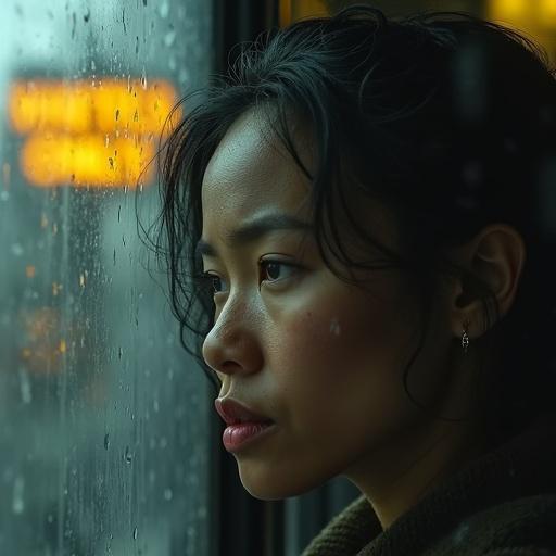 Close-up of a woman’s reflection in a rain-covered window. A faded sign behind her reads ‘Whites Only.’ Raindrops distort her features.
