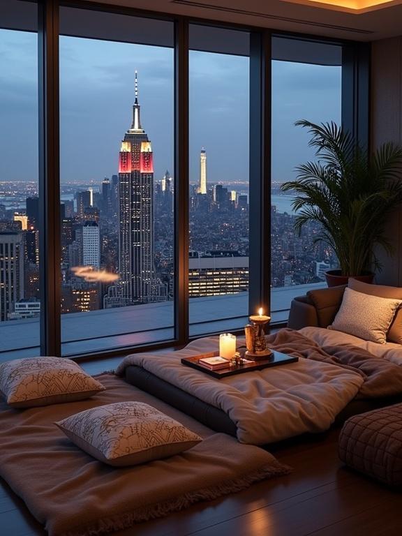 Cozy and luxurious interior lounge setting. Night view of city skyline including the Empire State Building through floor-to-ceiling windows. Soft bedding and throw pillows on a plush chaise lounge. Low wood coffee table with decorative items. Soft ambient lighting creates a peaceful atmosphere. Potted plants add natural touch.