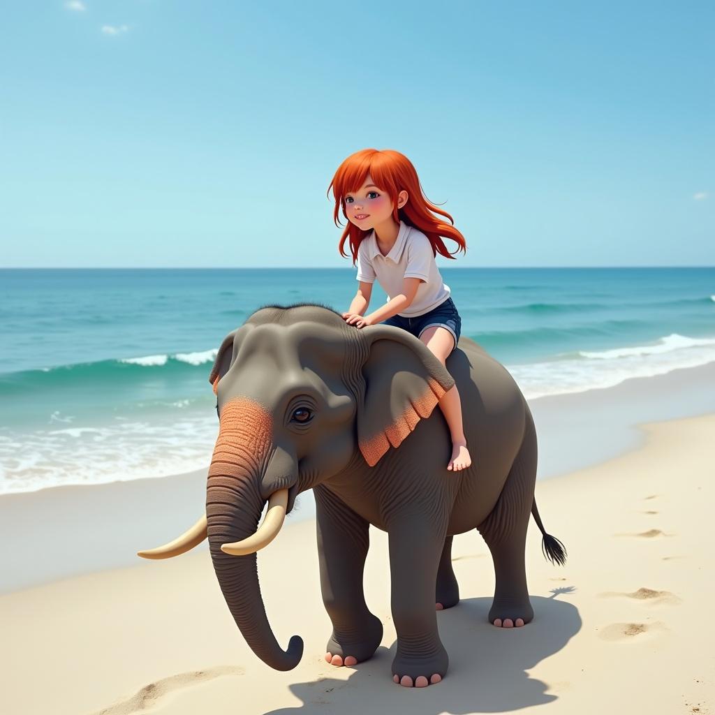 Person with red hair rides a baby elephant on sandy beach. Clear blue sky and ocean waves visible.