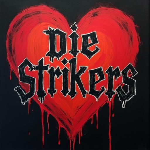 Title artwork for a TV show titled Die Strikers. Imagery includes a heart with dripping paint. Main text shows the show's name in bold black letters.