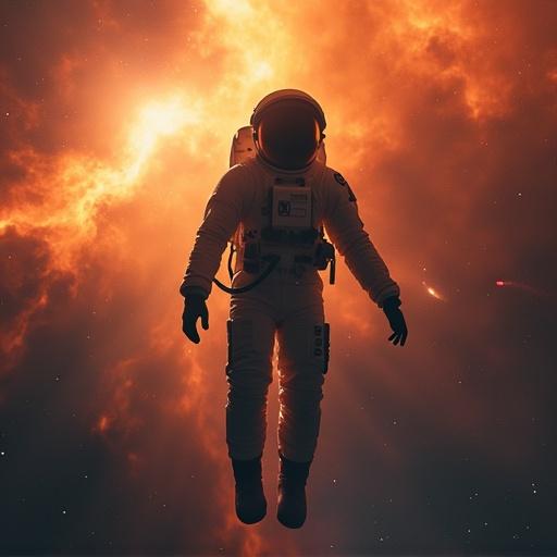 Astronaut floating in space with arms reaching towards a colorful nebula. The nebula glows orange and yellow against a dark background. Stars are visible in the distance.