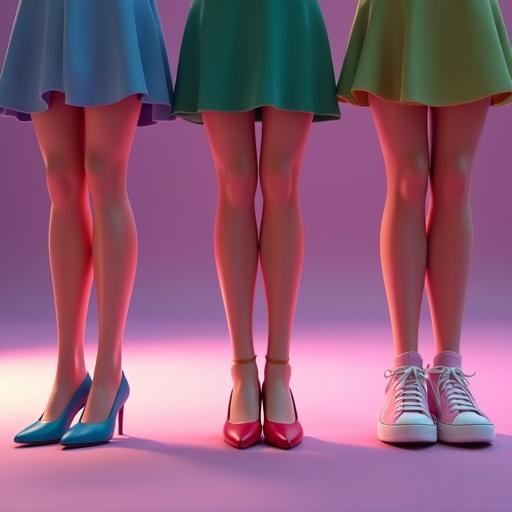 3D animated image in Pixar style shows legs of three women standing side by side on tiled floor with a soft purple gradient background. The left woman wears blue dress and red high heels. The middle woman wears green dress with pink and white socks. One sock is significantly lower than the other. The right woman is barefoot and wears green dress. Add bold 3D text in Spanish above: '¿QUIÉN ESTÁ EMBARAZADA?'