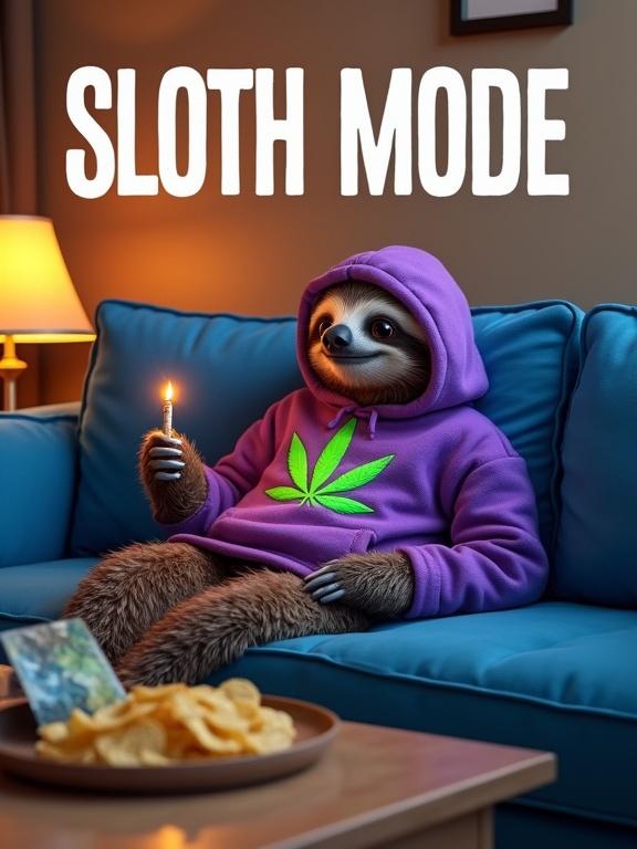 Digital illustration of a sloth relaxing on a blue couch in a cozy room. Sloth wears a purple hoodie with a green marijuana leaf. Sloth holds a lit joint while packet of chips is nearby. Warm lighting enhances textures in the living room. White text 'SLOTH MODE' on beige wall behind couch.