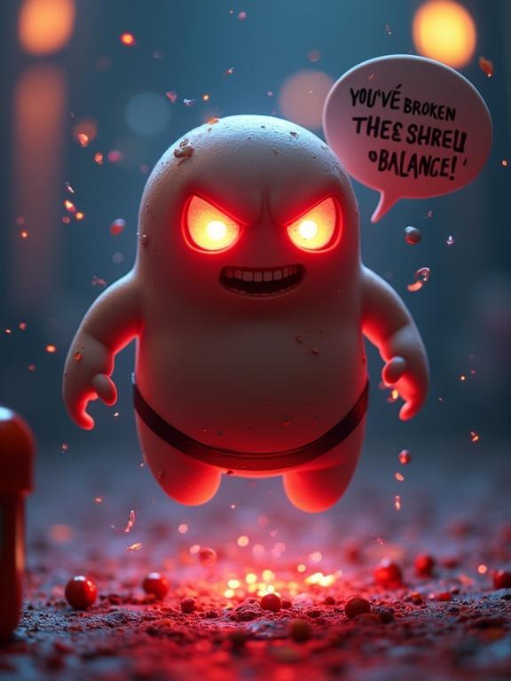 Close-up of a levitating character with glowing red eyes and dramatic aura. Character has a comic sinister expression and says you've broken the Sacred Brunch Balance.