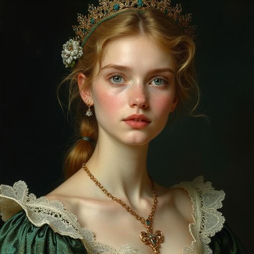 Close-up portrait of a young woman with captivating beauty and a soft yet intense expression, in a style reminiscent of old masters reimagined through contemporary digital art. Clear, expressive blue eyes gaze directly at the viewer with a luminous complexion and delicately blushed cheeks. Long, subtly wavy gold-blonde hair frames her face. She wears a delicate draped headpiece in light aqua or pearl gray fabric, edged with intricate lace in cream and aged gold tones. Her rich-textured dress is deep teal or turquoise with ornate gold embroidery and touches of burgundy. The neckline is wide with a frilled lace collar. An ornate gold necklace with complex pendants adorns her neck. The background is dark and blurred in deep browns and black, highlighting her illuminated features. Lighting is soft and directional, enhancing contours and textures. Quality is high resolution, with visible brushstroke texture, microscopic details on lace and embroidery. Female beauty, elegance, historical portrait, classic painting.