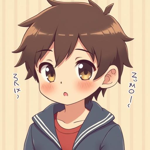 1 cute boy anime style with brown hair and soft facial expression