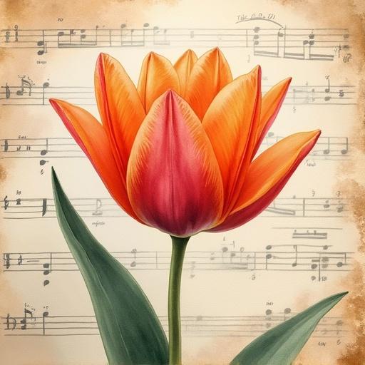 Vibrant watercolor painting of multicolor tulips with translucent petals. Background of vintage sheet music with faded musical notation. Layered collage creating a romantic, melancholic mood. Gentle light illuminates tulips. Close-up focus on tulip details. Nostalgic atmosphere.