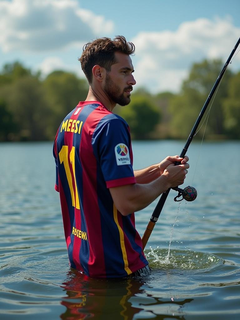 An individual fishing in a lake wearing an FC Barcelona jersey with number 11. The person is standing in the water, holding a fishing rod. The scene is set in a green natural environment.