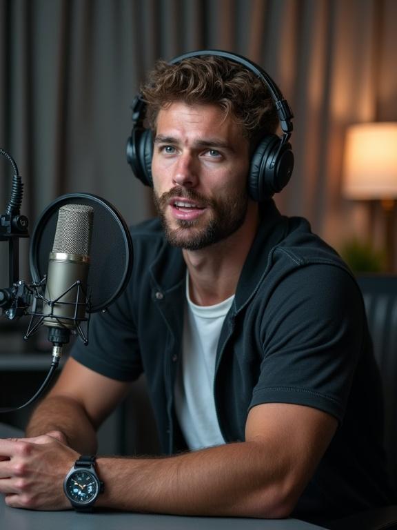 A renowned footballer seated in a podcast studio. The athlete wears casual sports attire and speaks with confidence. Surrounding equipment includes microphones and headphones. The lighting is cinematic, emphasizing a professional atmosphere.