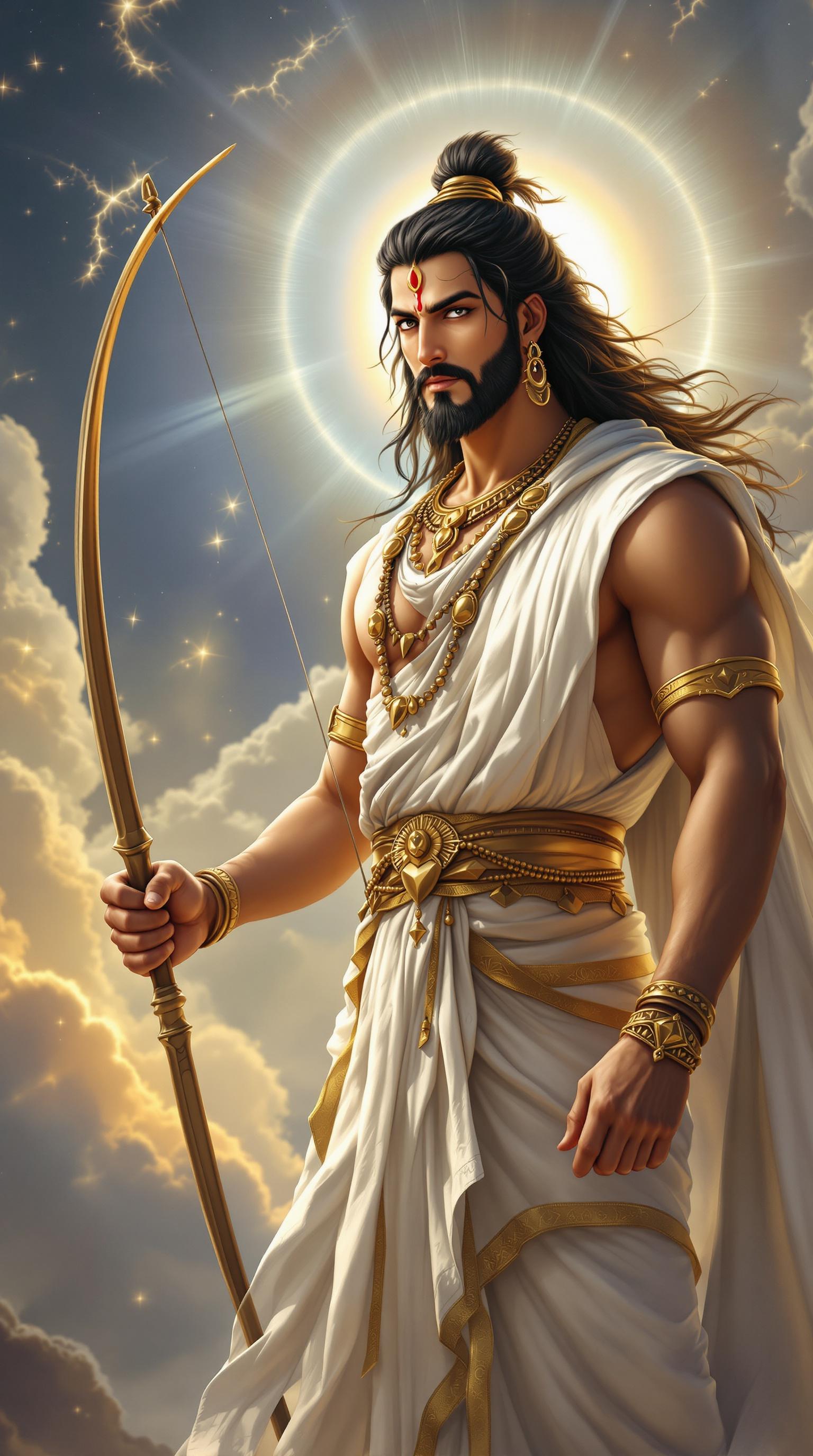 Arjuna, depicted as a brave warrior, stands majestically in heaven. He possesses long black hair tied back, a handsome face adorned with intense eyes, and a light beard that adds to his heroic appearance. His white robes are beautifully complemented with golden trims, and he confidently holds a shining bow and arrow, symbolizing his readiness for battle. Arjuna's face reflects both determination and humility as he stands near Indra's throne, engaged in a conversation. A soft, divine aura glows behind him, enhancing the ethereal atmosphere of the setting.