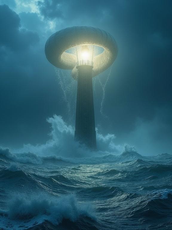 A solitary lighthouse in the ocean during an intense storm with giant waves crashing against its base. A giant octopus emerges from the water wrapping its tentacles around the lighthouse. The sky is filled with dark clouds and lightning dramatically illuminating the scene. Realistic style with cinematic lighting high detail epic atmosphere.