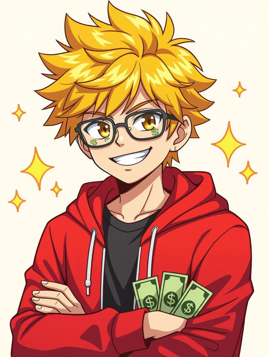 Anime character with bright yellow hair. Wearing a red hoodie and black shirt. Character holding cash. Designed in cel-shaded style. Light-toned background. Mid-torso crop for focus.