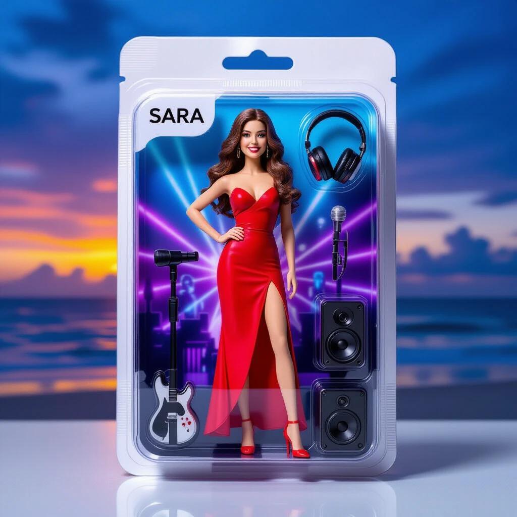 Minimalist and modern package design for a collectible figure named Sara. Includes a transparent blister pack showing the figure with fair skin, medium build, long brown hair, in a short red dress with high heels. Background features a sunset beach and nightclub neon lights. Accessories include headphones, pole dancer, microphone, speaker, Spanish flag, Facebook badge with followers. Silver sans-serif logo and neon blue vinyl icon are present. Soft lighting and reflections enhance the package depth.