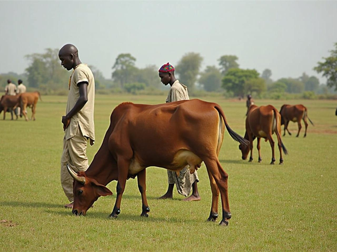 A cow grazes peacefully in a lush green field accompanied by curious goats.