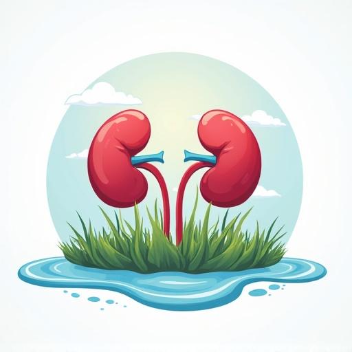 Logo design for nephrology clinic with symbolic healthy kidneys in grass and water. Includes text 'Kareem Nagaty nephrology clinic' at the top.