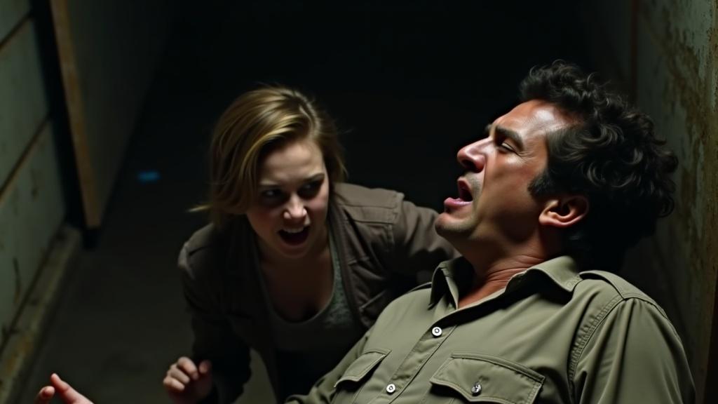 A tense scene unfolds between a sheriff and a teenage girl in a dimly lit corridor. The sheriff is on the ground, his face twisted in apparent agony, suggesting a desperate struggle. The girl appears shocked and terrified, backing away as chaos ensues. The atmosphere is thick with tension and fear. Dark shadows dominate the background, highlighting the intensity of the moment and the characters' emotions.