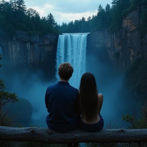 Teenage couple sits on log overlooking a waterfall. They face away from the camera. The scene is set at night with a tranquil atmosphere.