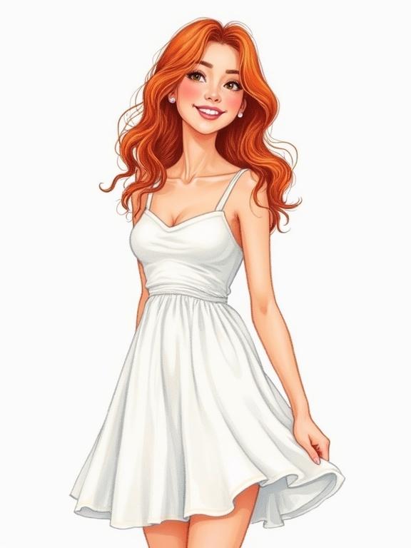 A young woman in a playful pose wearing a white dress. She has long red hair and looks happy. Illustration presented in a side view to capture the elegance of her attire.