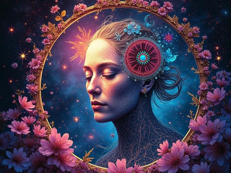 Art of a celestial being in stained glass style. Elements of glitch art and transparent washes included. The being is surrounded by flowers against a cosmic background.