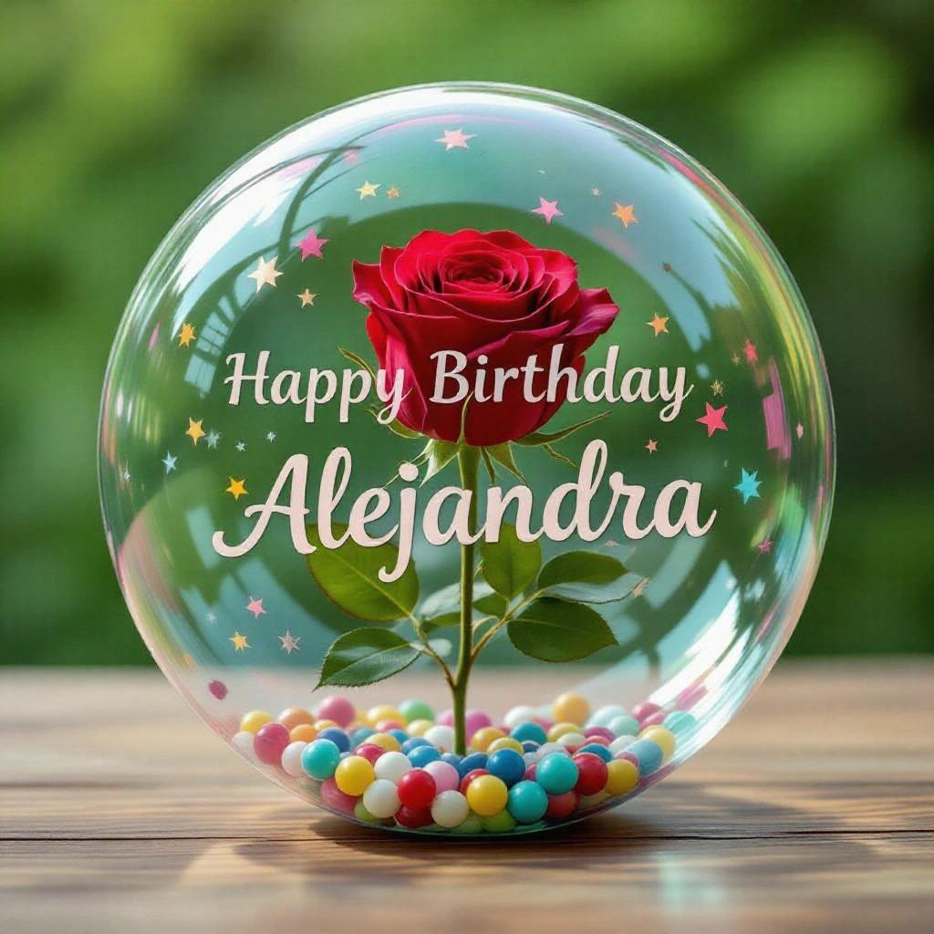 Colorful bubble with a sign Happy Birthday Alejandra and a red rose inside.