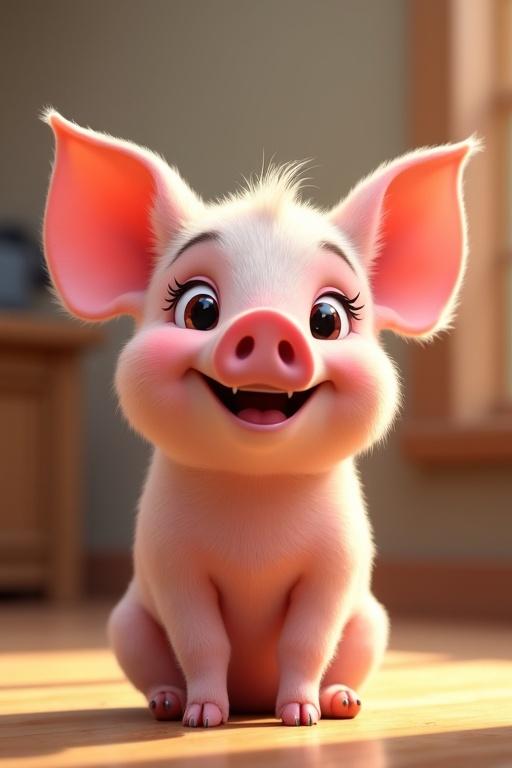 Playful mature piglet with big ears and happy face. Disney Pixar style. Bright and cheerful atmosphere. Strong focus on expression.