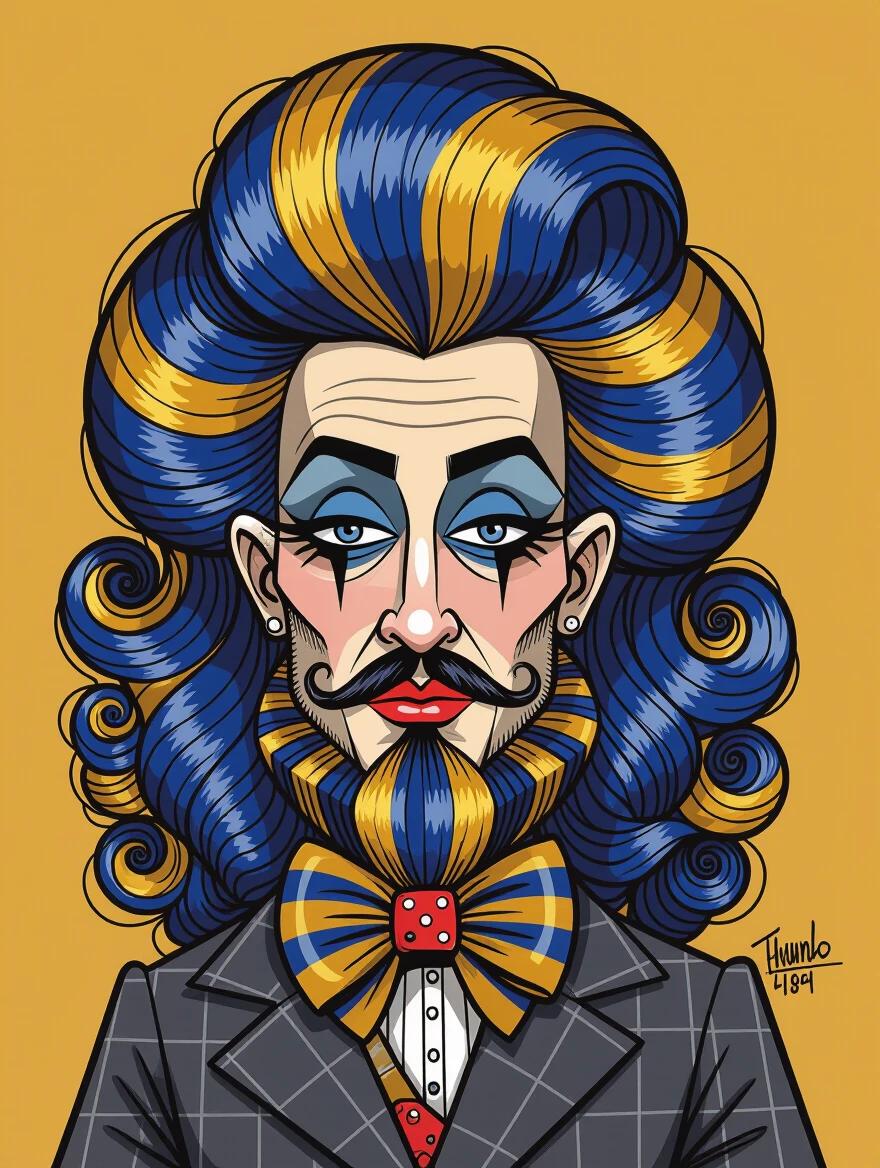 Exaggerated caricature drawing person with voluminous curls and striped hair. Features decorative bow at neckline. Digital portrait against solid background.