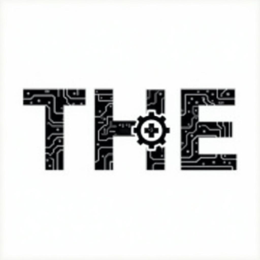 Bold modern font featuring the word 'T.H.E'. Letters have unique designs some with circuit board patterns. Central letter replaces 'O' with a gear icon. Suggests technology or engineering theme. Clean and engaging design.