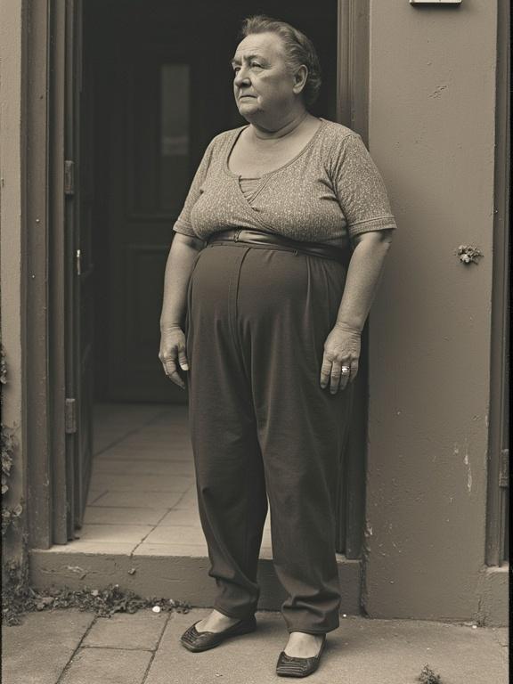 A full-length image of a middle-aged woman standing in front of a door. She wears a vintage outfit reminiscent of the 1950s. The image has a sepia tone, conveying a sense of nostalgia.