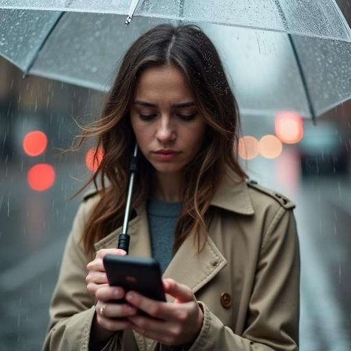 A British woman stands under an umbrella in the rain. Brown hair looks frizzy due to humidity. She wears a trench coat with the collar up. A raindrop clings to her lip as she checks her phone. Expression shows patience and mild annoyance. Background is a blurred street with wet pavement and cars. Cool tones with overcast light.
