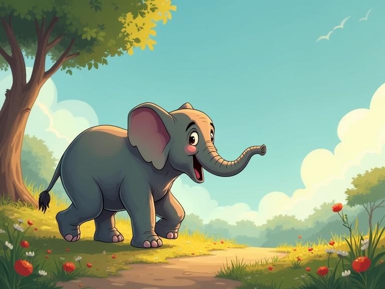 Cartoon scene with an elephant walking in a green landscape. Elephant looks joyful while moving along a path. Bright sunny day with trees and flowers in the background.