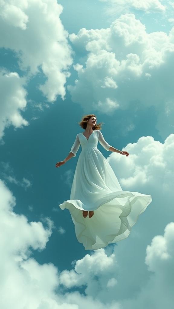 A woman in a flowing white dress seems to float effortlessly among the soft, pillowy clouds against a vibrant blue sky. Her serene expression and graceful posture impart a sense of tranquility and freedom. The image captures a dreamlike ethereal quality, evoking thoughts of weightlessness and liberation.