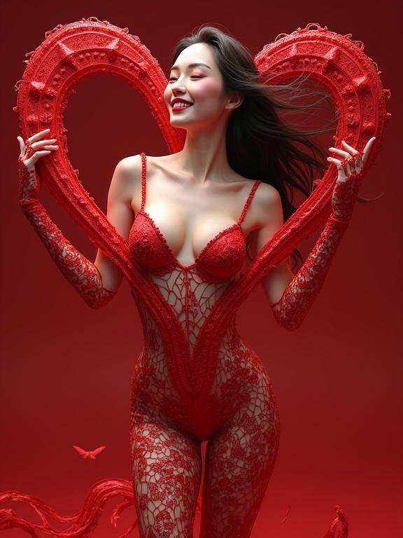 A hyperdetailed supermodel is rendered with red strings forming a heart. She has a smile and a femme fatale pose. The artwork features transparency and intricate lace details in a romantic setting.