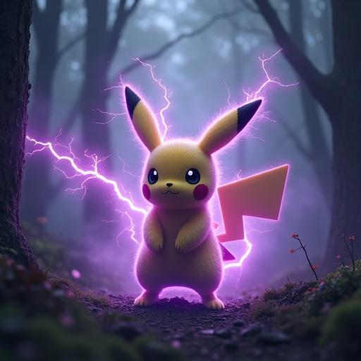 Cinematic shot of a fusion character named Pikamew. Body combines Pikachu's roundness with Mewtwo's humanoid form. Defined muscles. Intelligent eyes. Surrounded by deep purple psychic and electric aura. Set in a misty ancient forest with towering trees and volumetric fog. Misty lighting creates a dramatic atmosphere.