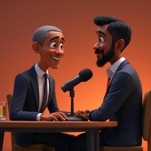 A Pixar-style character in his 20s with a beard and mustache sitting at a podcast table alongside Obama as a guest. A cheerful atmosphere with warm lighting and an inviting feel.