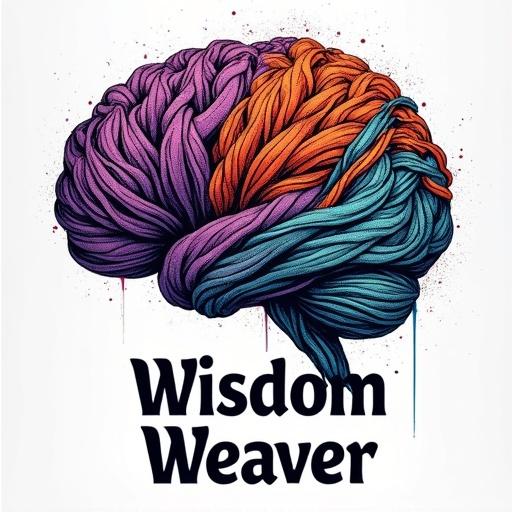 An artistic t-shirt design for teachers featuring a loom weaving colorful threads into a brain shape. The design has the text 'Wisdom Weaver' in bold serif font and includes a subtle tapestry texture.