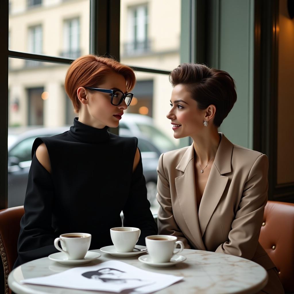 In an elegant Parisian café, two women sit at a marble table engaged in an intense conversation. The tall woman, 24, has stunning short copper-red hair and deep blue eyes hidden behind modern glasses. She wears a bold black dress with daring shoulder cuts, radiating youthful elegance. Across from her sits Miss Perlshtein, a shorter, sophisticated 30-year-old in a beige designer suit, sporting perfectly styled short brown hair and a playful smile in her brown eyes. Espresso cups and fashion sketches adorn the table, set against the backdrop of large windows showcasing the street view. The scene is illuminated by natural daylight, embodying a haute couture atmosphere captured with expert photography techniques.