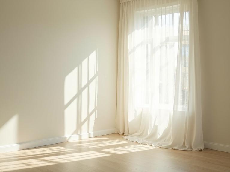 An empty bedroom features sunlight streaming through white curtains. Soft light creates shadow patterns on the floor. The atmosphere feels peaceful and melancholic. High key lighting enhances the clean, cinematic composition.