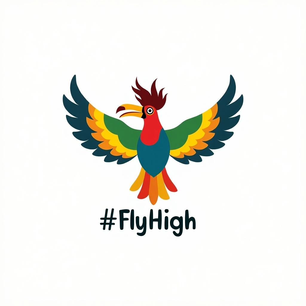 The image showcases a vibrant logo of a hornbill with outstretched wings. The design is colorful, featuring hues of red, yellow, green, and blue. Below the bird, there's a catchy caption, #FlyHigh, which conveys a message of aspiration and freedom. The overall look is modern and appealing, suitable for various eco-related themes.