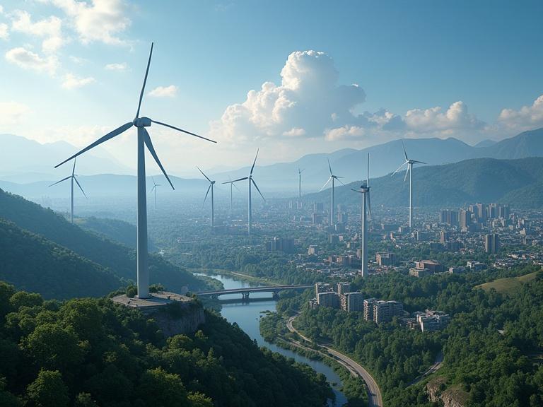A wind farm with many turbines above a smart city. The city integrates edge computing nodes showing data processing at various devices. The scene includes mountains and a river below.