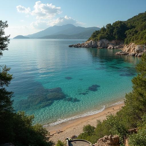 Scenic view of a beautiful beach surrounded by greenery and mountains. Clear blue waters gently lapping at the shore. Sunlight illuminating the scene creating a peaceful atmosphere.