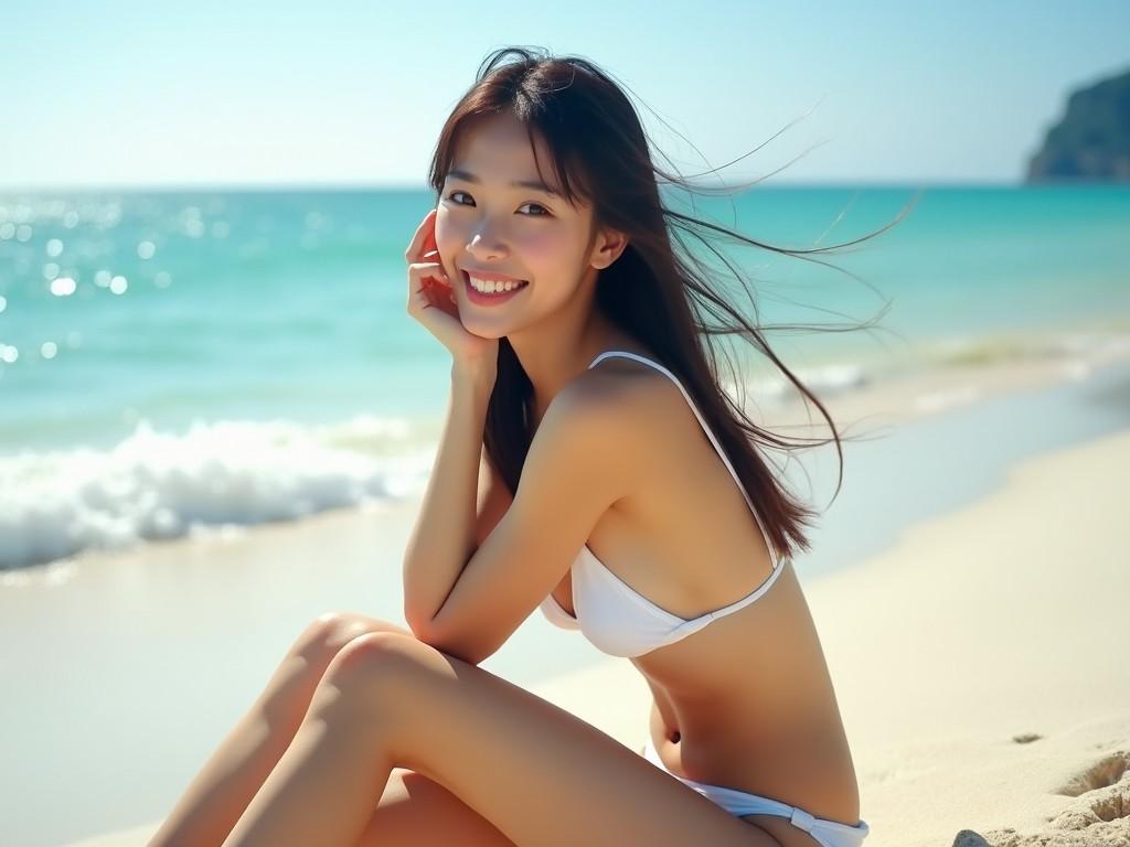 A young woman sitting on a sunny beach wearing a white bikini, with the ocean in the background.