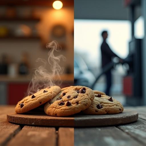 Split screen view shows warm chocolate chip cookies with steam on wooden table in a cozy kitchen and a person refueling a car at a modern gas station. The left side conveys homey comfort while the right illustrates urban functionality. High contrast with clear division between scenes and photorealistic details.