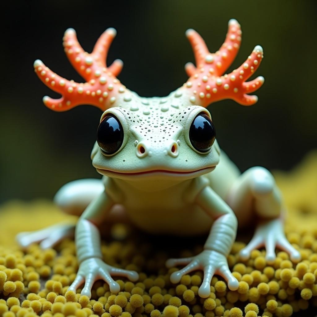 A fantastical frog-like creature with coral-like antlers resting on a textured, lichen-like surface. The body is pale greenish-white with a gradient head. Large reflective black eyes. Surrounded by soft greenish-yellow elements. Mystical and whimsical style.